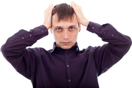 Portrait of stressed tired man, isolated on white background.の写真素材