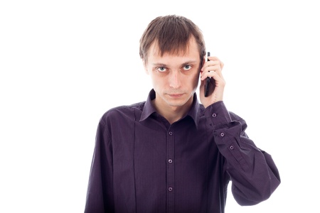 Serious weirdo man on the phone, isolated on white background.の写真素材