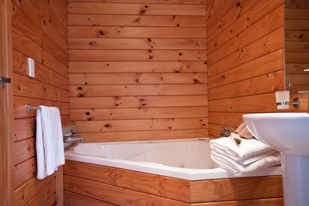 Wooden bathroom interior in mountain lodge apartment. Fox Glacier Lodge, Fox Glacier, West Coast, South Island, New Zealand.の写真素材