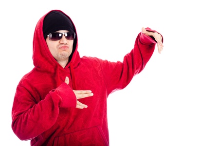 Hip Hop dancer in red hoodie posing, isolated on white background.の写真素材