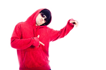 Hip Hop dancer in red hoodie pointing, isolated on white background.の写真素材