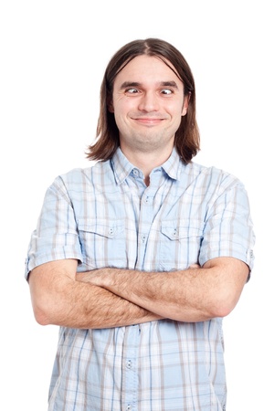 Portrait of funny crossed eyed man making funny faces, isolated on white background.の写真素材