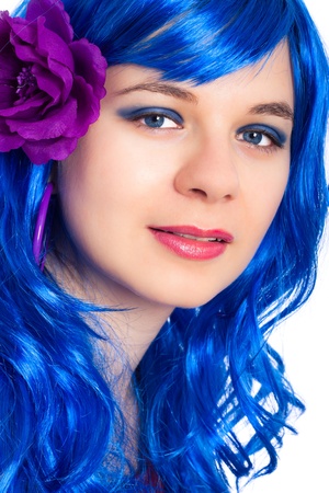 Portrait of beautiful woman in blue wig.の写真素材