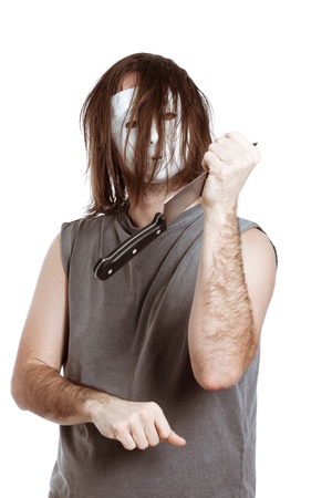 Scary bizarre man with knife, isolated on white background.の写真素材