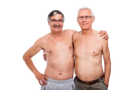 Portrait of two happy naked senior friends, isolated on white background.の写真素材