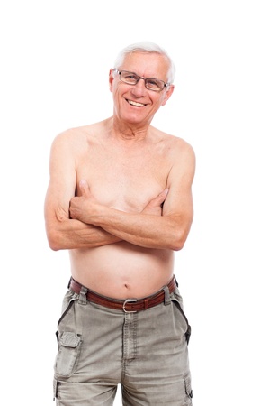 Portrait of happy smiling naked elderly man, isolated on white background.の写真素材