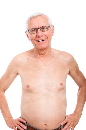 Portrait of naked elderly man smiling, isolated on white background.の写真素材
