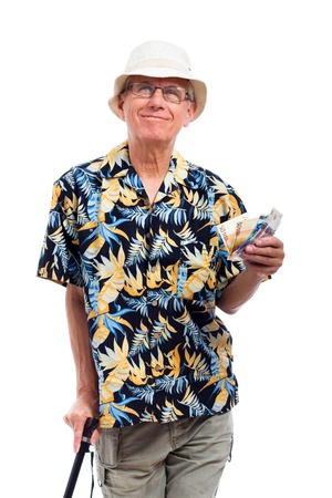 Portrait of happy elderly man with money, isolated on white background.の写真素材