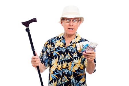 Surprised senior man with money, isolated on white background.の写真素材