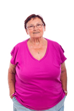 Portrait of happy carefree senior woman, isolated on white background.の写真素材