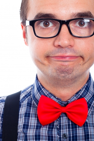 Close up of funny nerd man face.の写真素材