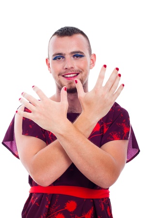Happy transvestite man dressed as woman, isolated on white background.の写真素材