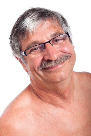 Close up of happy smiling senior man, isolated on white background.の写真素材