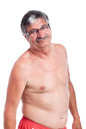 Portrait of happy shirtless senior man, isolated on white background.の写真素材