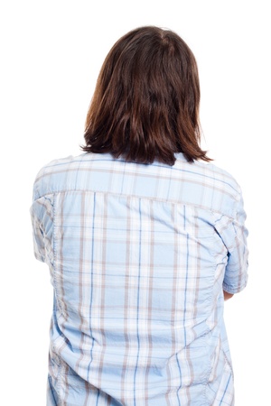 Back side view of long haired man in shirt, isolated on white background.の写真素材