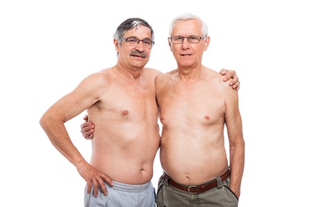 Portrait of two shirtless elderly men, isolated on white background.の写真素材
