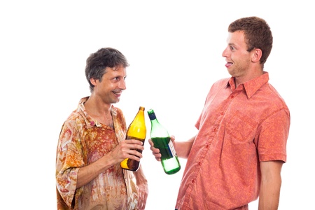 Two funny drunken laughing men with bottle of alcohol, isolated on white background.の写真素材