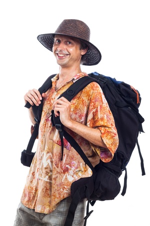 Happy man traveling with backpack, isolated on white background.の写真素材