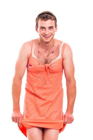 Funny transvestite man cross-dressing, isolated on white background.の写真素材
