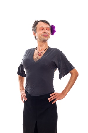Portrait of happy proud transvestite man cross-dressing, isolated on white background.の写真素材