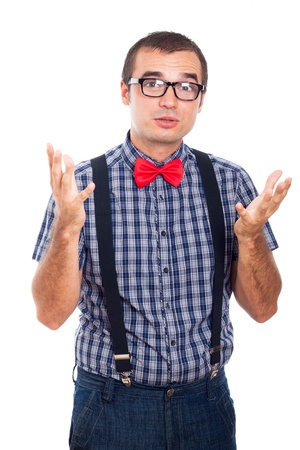 Portrait of nerd man gesturing and explaining something, isolated on white background.の写真素材