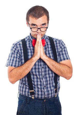 Portrait of nerd man thinking, isolated on white background.の写真素材