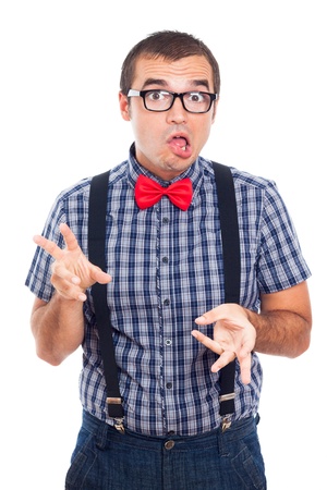 Portrait of crazy nerd man making funny face, isolated on white background.の写真素材