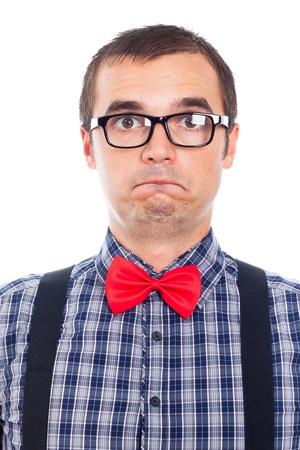 Close up of funny scared nerd man, isolated on white background.の写真素材
