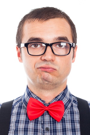Close up of confident nerd man, isolated on white background.の写真素材