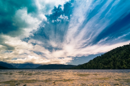 Beautiful cloudy blue sky and lake in South Island, New Zealand.の写真素材