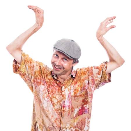 Happy man having fun, isolated on white backgroundの写真素材
