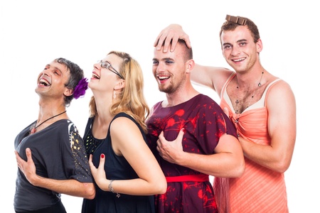 Group of happy three men cross-dressing and one woman holding breasts, isolated on white background.の写真素材