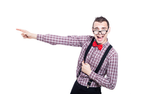 Funny excited nerd man pointing, isolated on white background