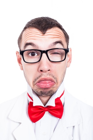 Close up of eccentric lab geek, isolated on white backgroundの写真素材