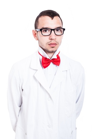 Portrait of serious scientist in lab coat, isolated on white backgroundの写真素材