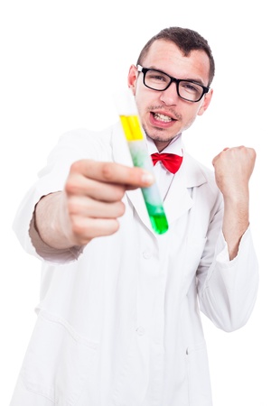 Successful scientist in lab coat holding test tube, isolated on white backgroundの写真素材