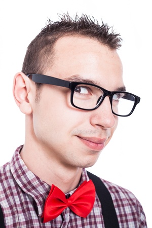 Closeup of nerd man smiling, isolated on white backgroundの写真素材