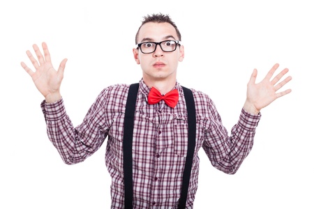 Portrait of shocked nerd man, isolated on white backgroundの写真素材
