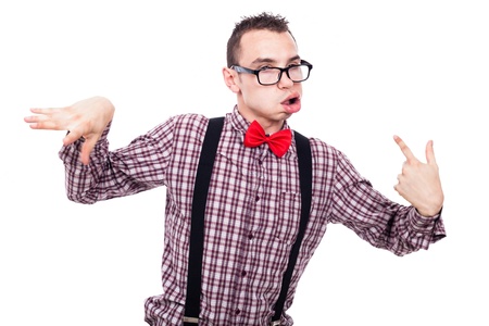 Crazy nerd man making funny faces, isolated on white backgroundの写真素材