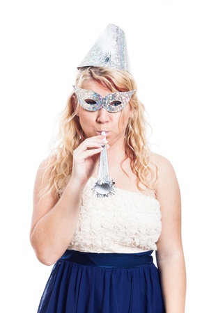Portrait of woman in party costume celebrating, isolated on white backgroundの写真素材