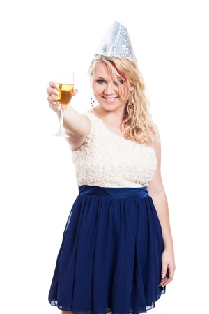 Happy woman proposing a toast with glass of champagne, isolated on white backgroundの写真素材