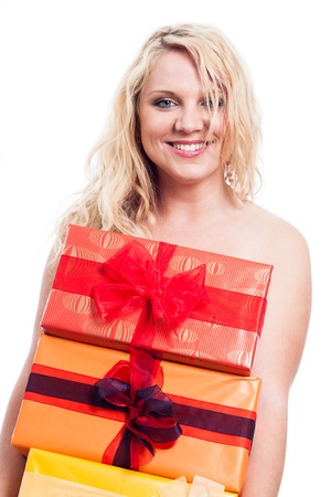 Happy woman holding gift boxes, isolated on white backgroundの写真素材