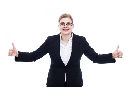 Ecstatic businesswoman showing thumbs up, isolated on white background.の写真素材