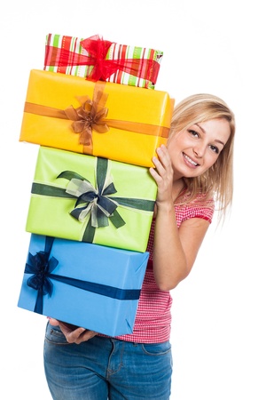 Happy woman holding presents, isolated on white background.の写真素材