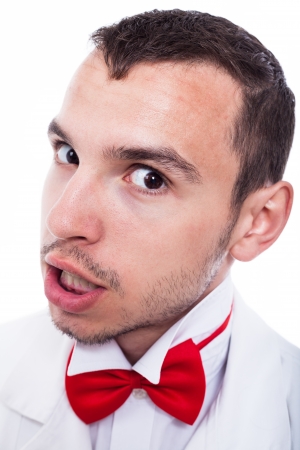 Close up of angry geek man, isolated on white background.の写真素材