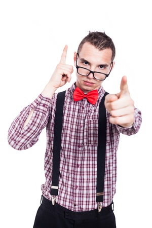 Serious geek man pointing at you, isolated on white background.の写真素材