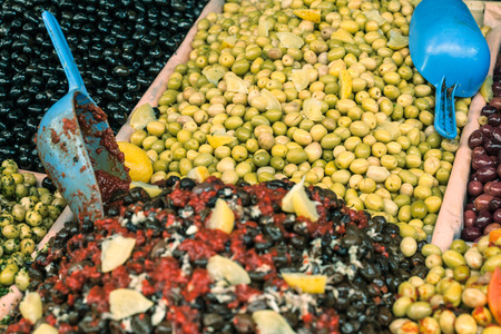Fresh olives on market in Morocco.の写真素材