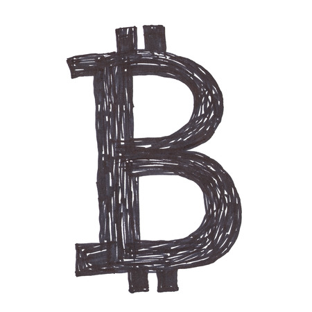 Bitcoin symbol, handmade black drawing of a digital cryptocurrency, letter B on white background.の写真素材
