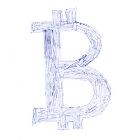 Scrawl Bitcoin symbol, handmade drawing of a digital cryptocurrency, letter B on white background.の写真素材