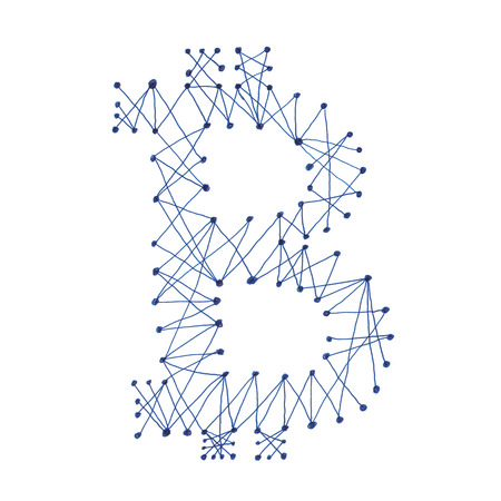 Bitcoin network symbol, handmade drawing of a digital decentralized cryptocurrency, letter B on white background.の写真素材